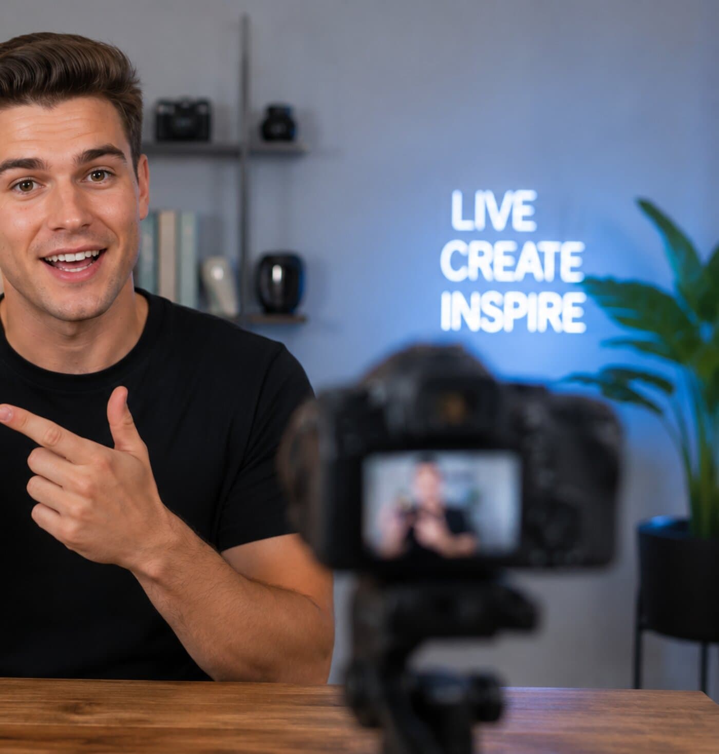Content creator smiling on camera with a glowing LIVE CREATE INSPIRE neon sign in the background